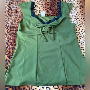 Y2K Wrapper Green Milkmaid Sleeveless Blouse Top with Black Lace Size M